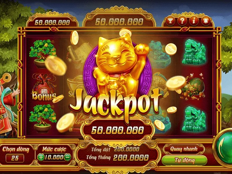 Một hình ảnh minh họa các tính năng bonus trong slot game như vòng quay miễn phí, biểu tượng Wild và Scatter, cùng với các phần thưởng hấp dẫn.